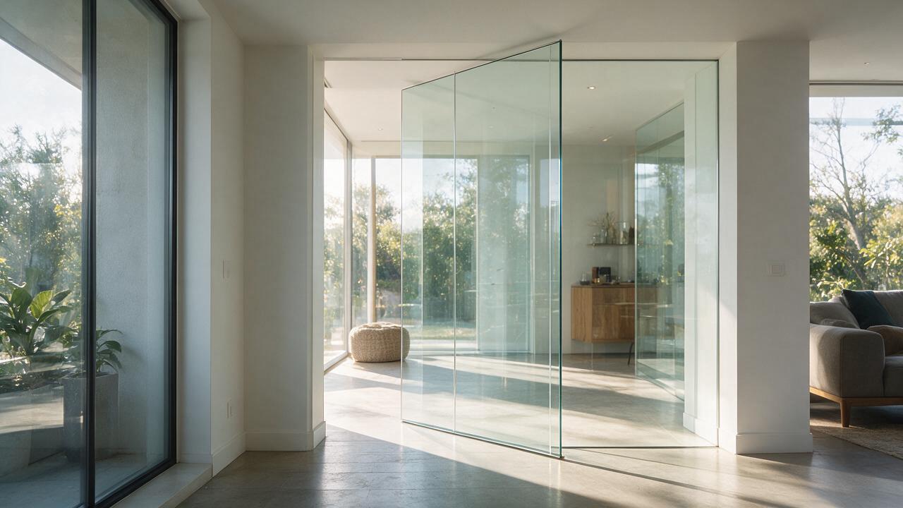 Современная стеклянная дверь на заказ в светлом интерьере
